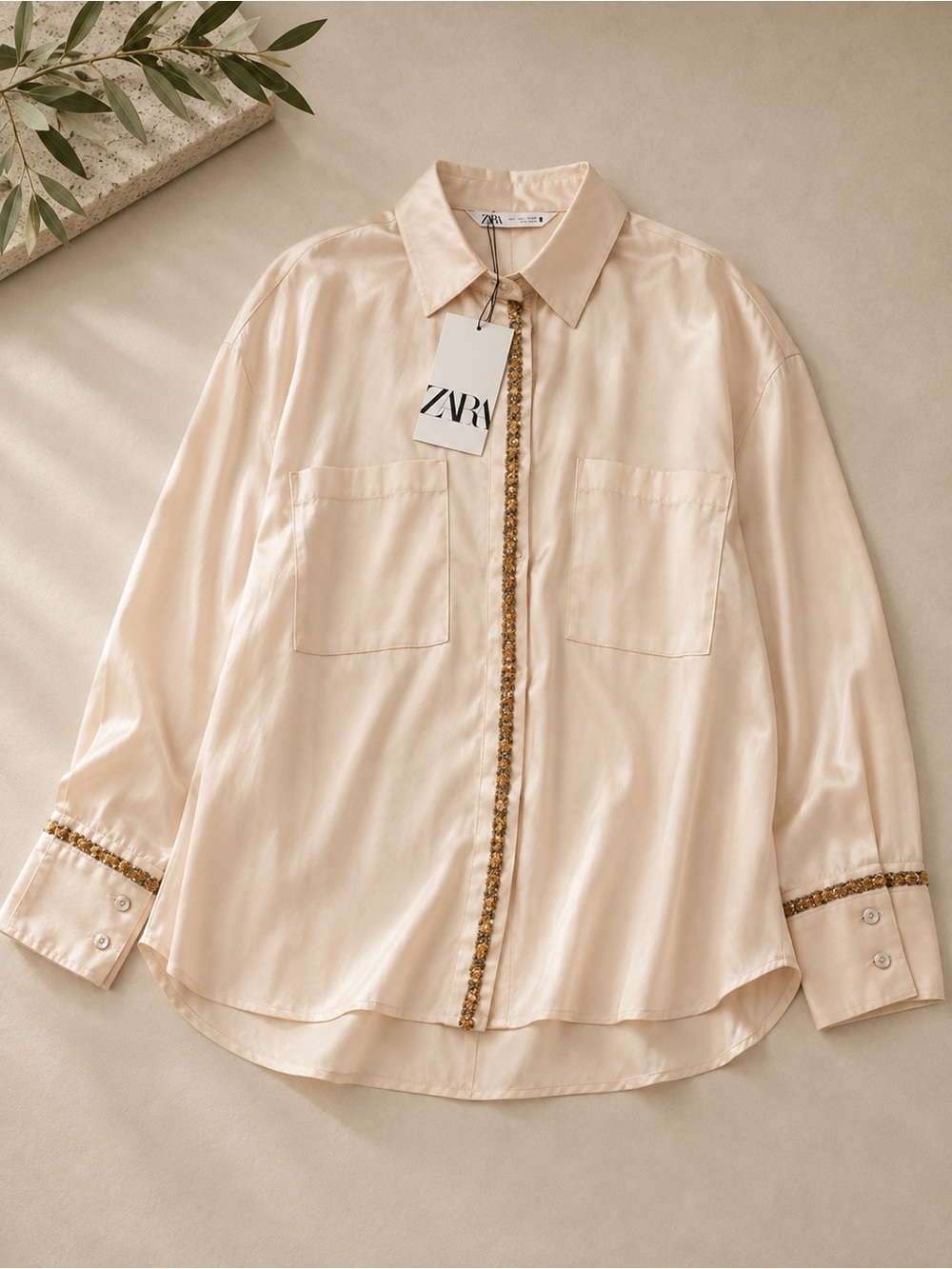 ZARA Cream Satin Button-Down Shirt with Decorative Trim